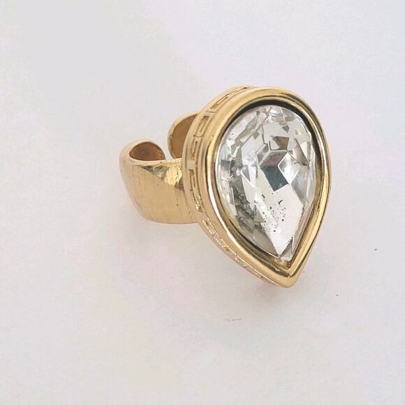 Vintage Givenchy Large Chunky Clear Stone Ring Statement Adjustable Size Gold - Picture 1 of 9